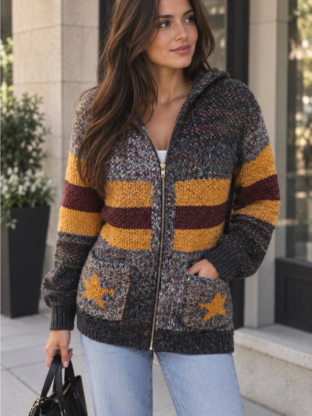 Esqualo Cozy Hooded Zip-Up Star Pocket Sweater - Mustard, Burgundy & Gray